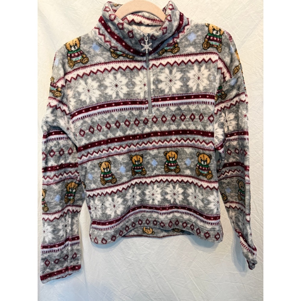 No Boundaries Teddy Bear Fair Isle Fleece Quarter‎ Zip Pullover Grey Burgundy S